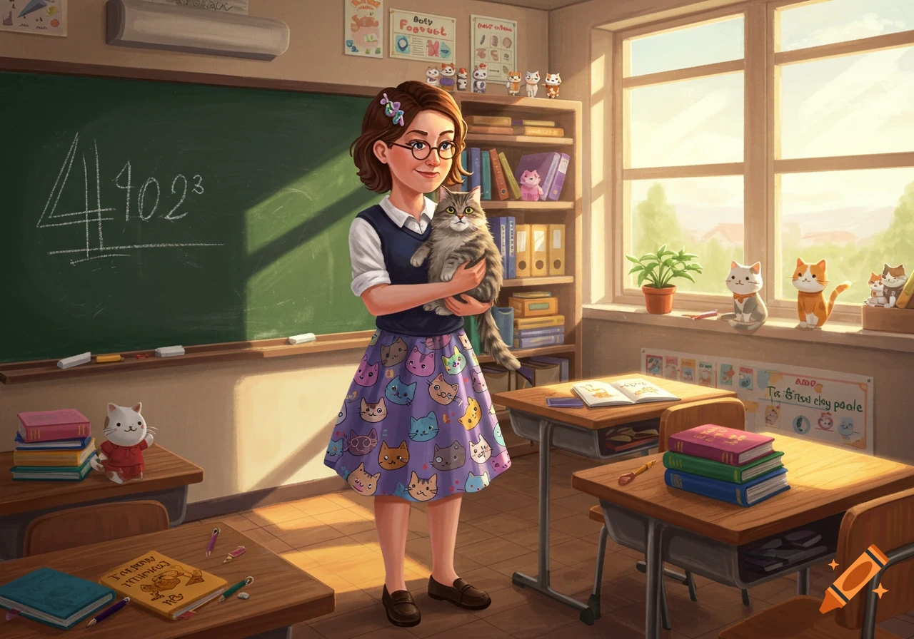 Cartoon illustration of a smiling teacher holding a fluffy cat in a sunny classroom filled with cat-themed decorations.