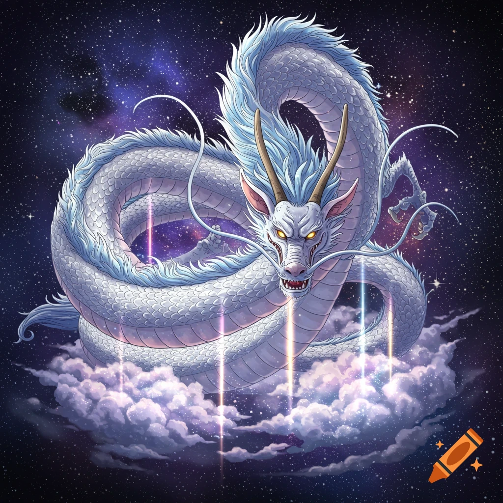 A white celestial dragon with golden horns and glowing eyes emerges from purple clouds against a starry anime sky.