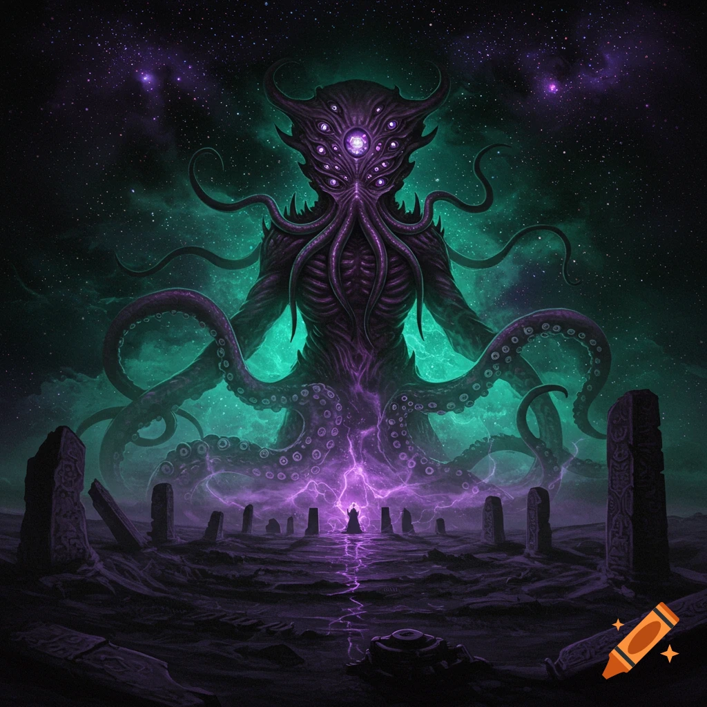 A colossal, tentacled eldritch monster with many eyes, radiating purple energy, towers over a small figure in a dark, alien landscape under a cosmic sky.