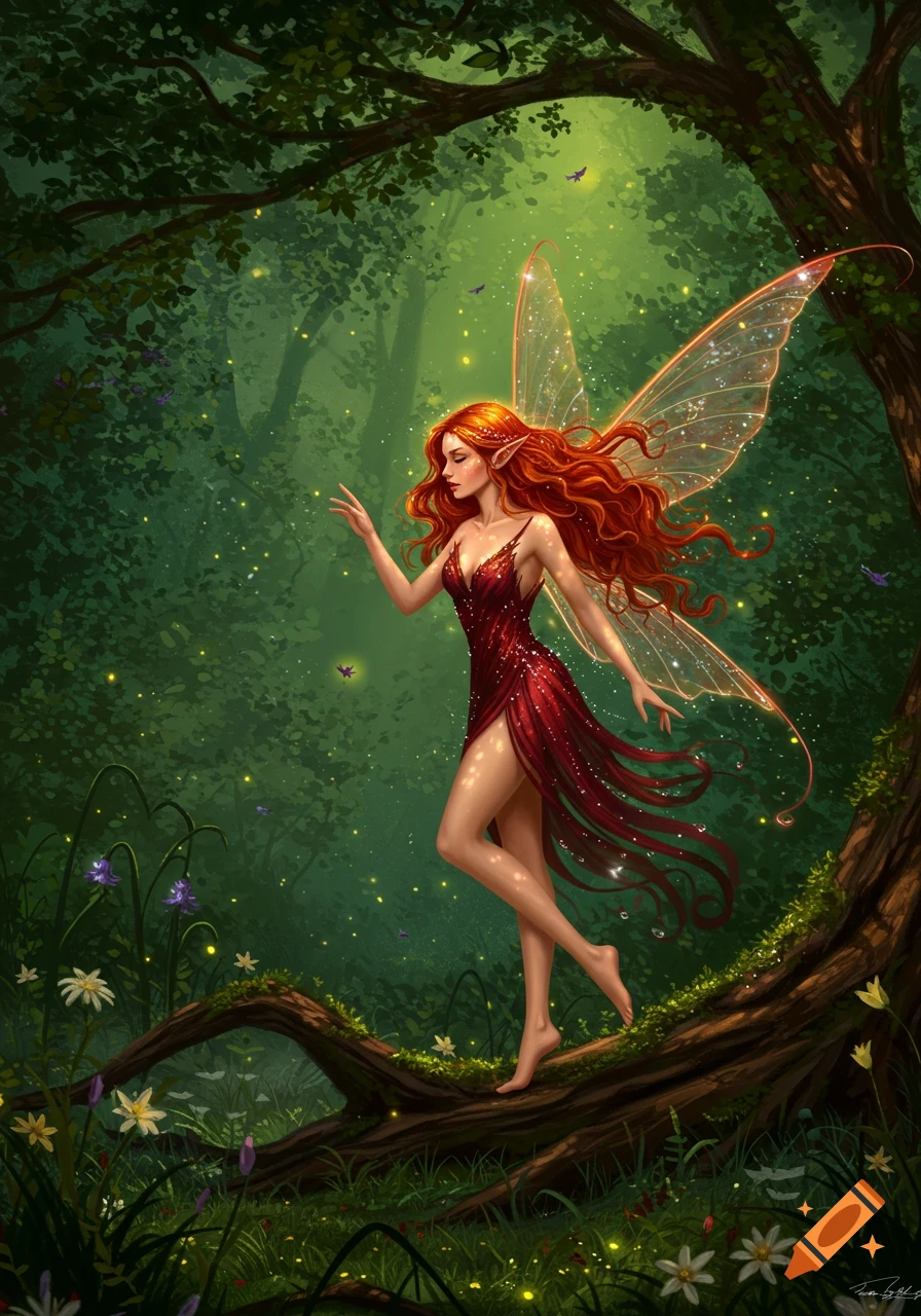 A red-haired fairy in a shimmering red dress walks on a mossy log in a glowing, mystical forest, digital illustration.
