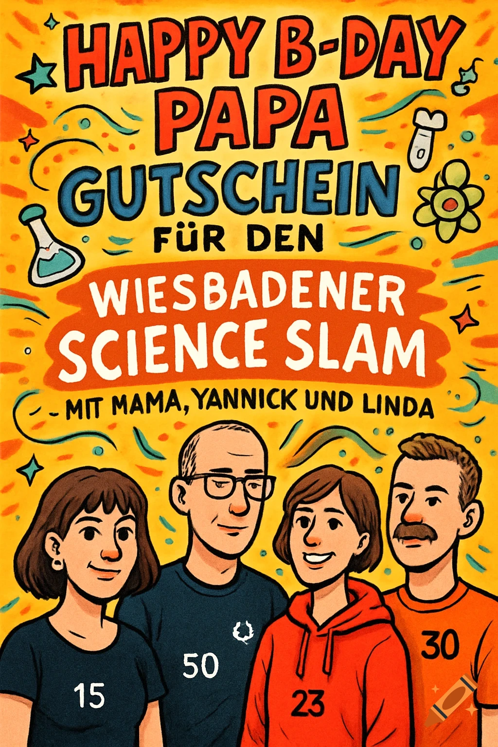 A colorful comic-style birthday voucher for a 'Wiesbadener Science Slam' featuring text and four family members: a woman, a man in glasses, a young woman in a red hoodie, and a man with a mustache.