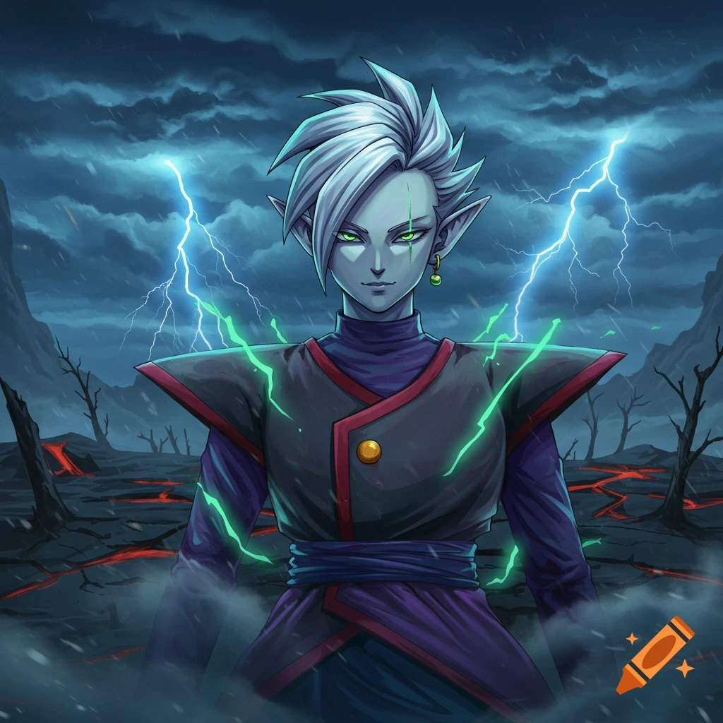 Anime illustration of a white-haired character resembling Zamasu with green energy, standing in a desolate, stormy landscape with lightning.