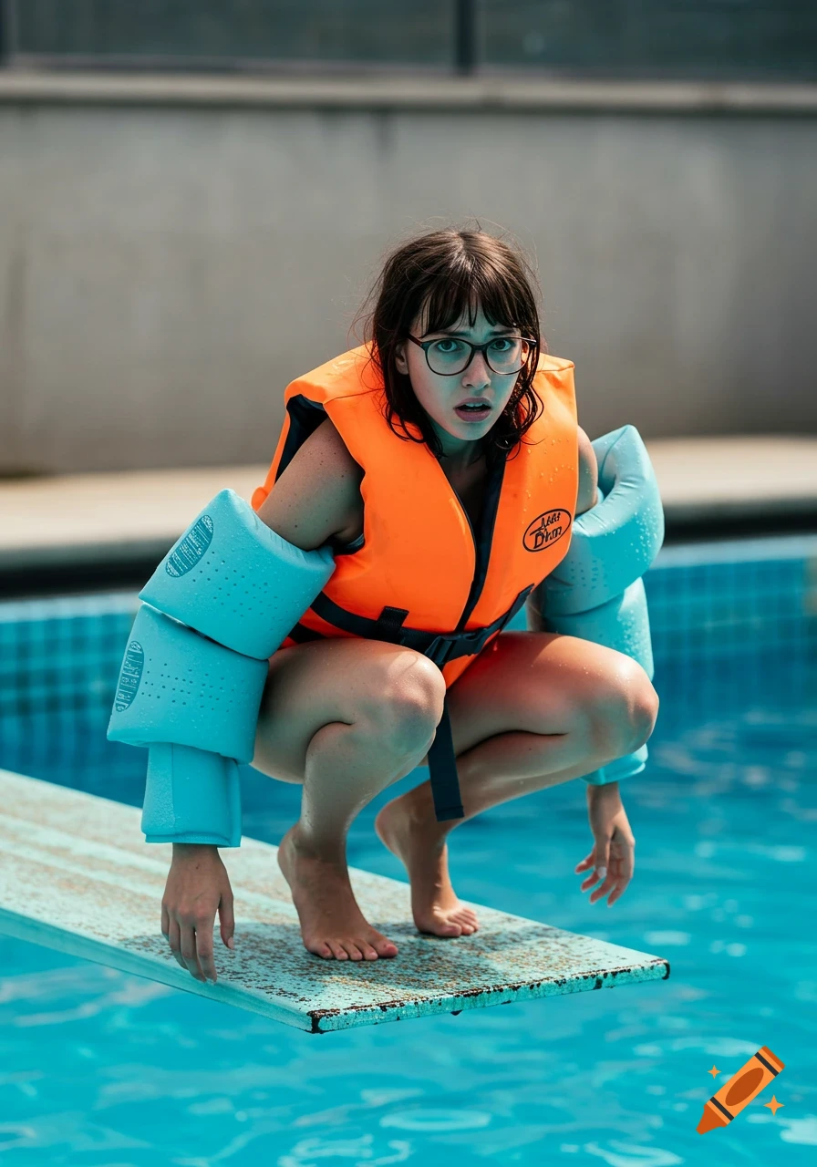 A worried young brunette woman with glasses and bangs, wearing an orange life jacket and blue arm floats, crouches on a diving board at a swimming pool.