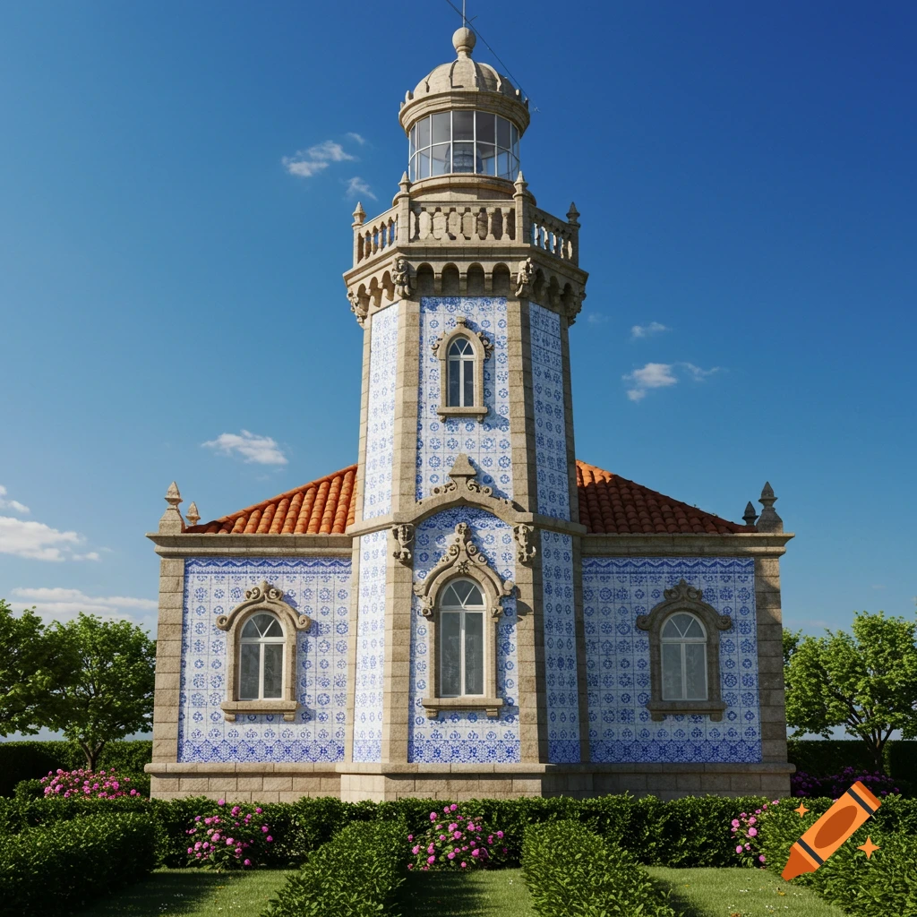 A decorative lighthouse in Manueline architectural style with blue and white azulejo tiles, surrounded by green hedges and pink flowers under a blue sky.