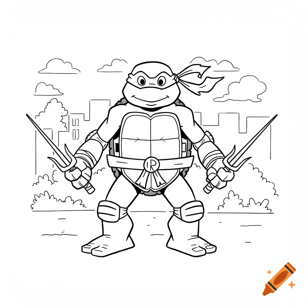 Black and white outline drawing of Raphael the Ninja Turtle holding sai, with a city background, suitable for coloring.