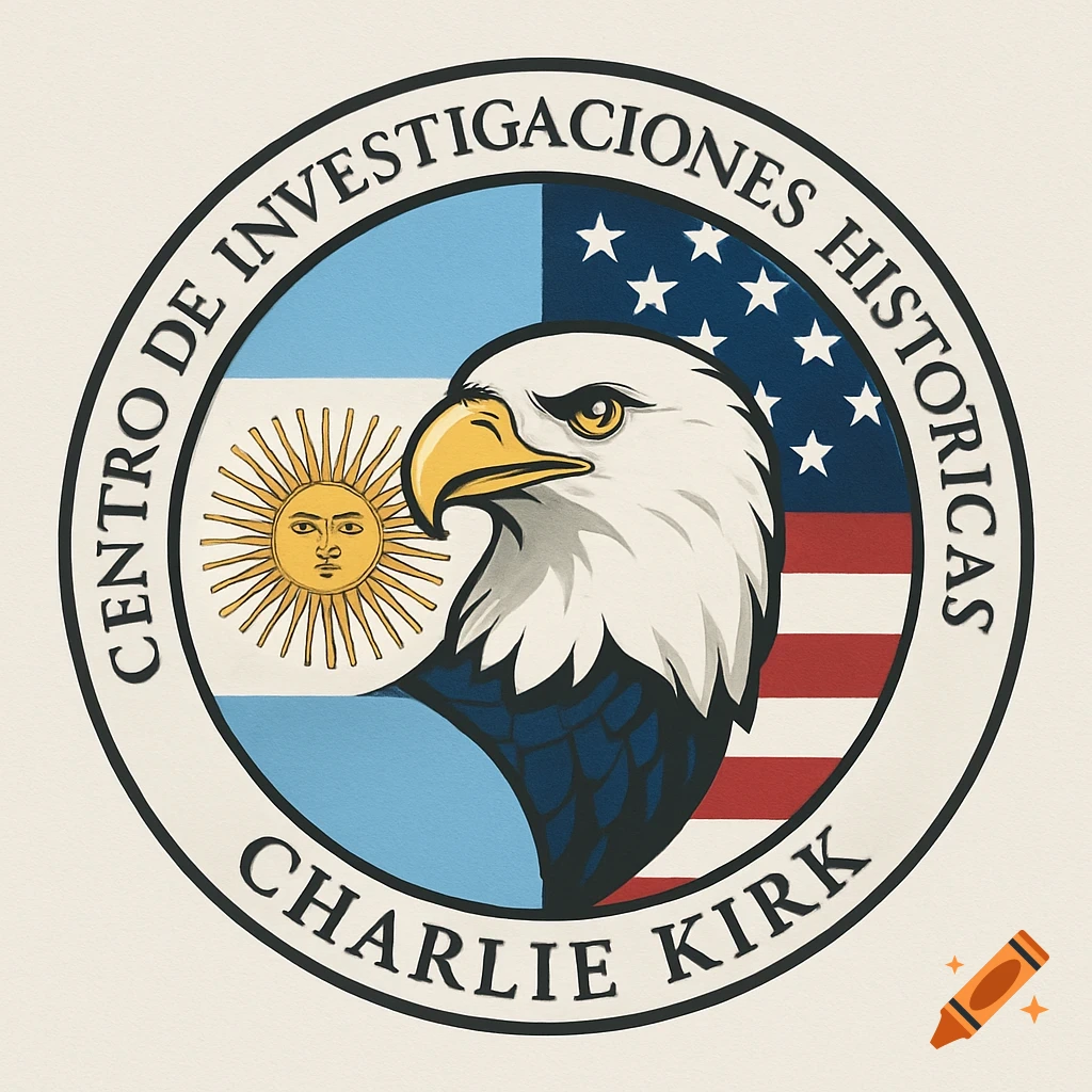 Circular logo with a bald eagle head, split flags of Argentina and USA, and text 'Centro de Investigaciones Historicas Charlie Kirk'.