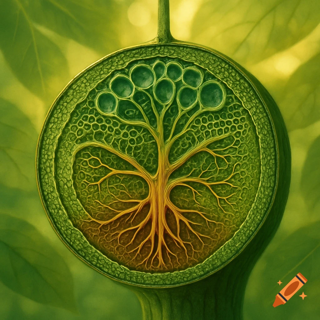 A stylized green circular cross-section of a plant, revealing an intricate yellow and green tree-like circulatory system, on a blurred green background.