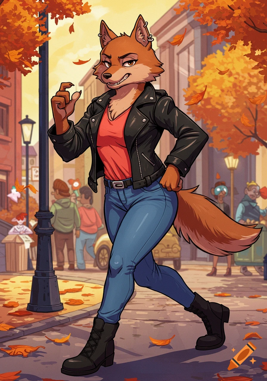 A cartoon anthropomorphic brown wolf in a leather jacket and jeans walks down an autumn city street.