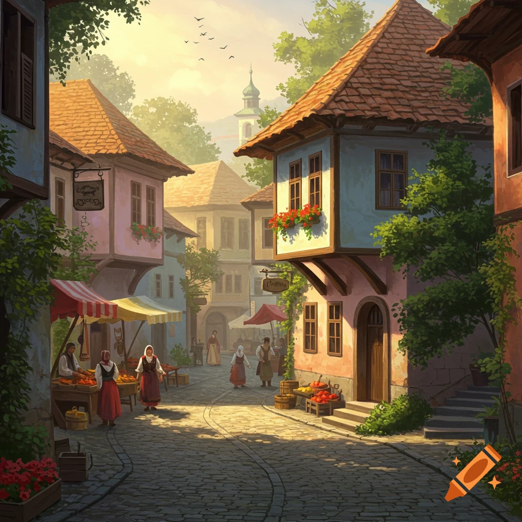 A vibrant painting of a bustling European village street market at sunrise, with colorful buildings, cobblestone paths, and people in traditional attire.
