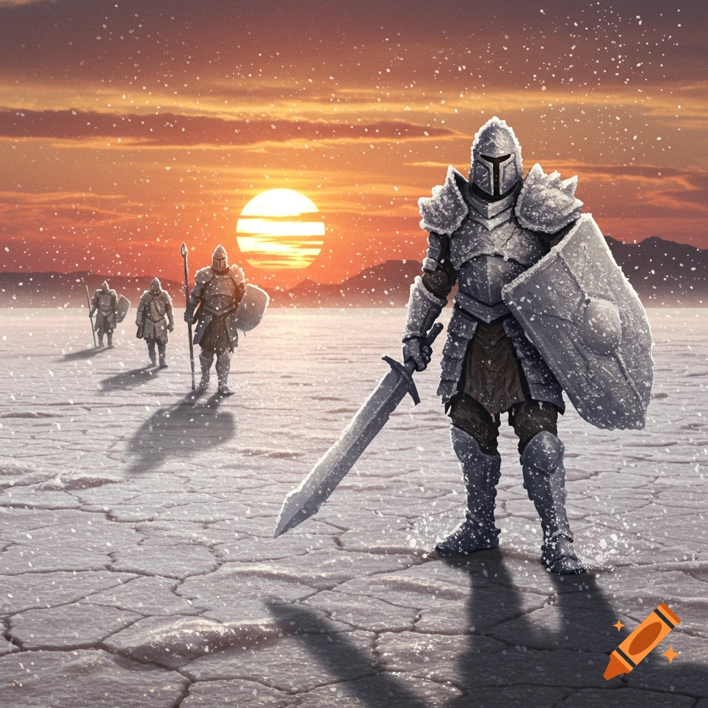 Armored warriors trudge through a snowy salt flat at sunset, a lead warrior in the foreground with sword and shield. Digital painting.
