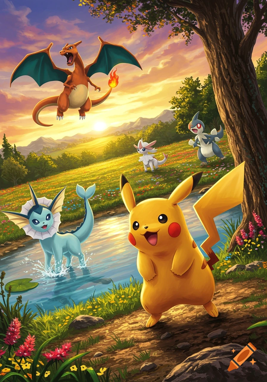 Vibrant illustration of Pikachu, Vaporeon, Charizard, and other Pok\u00e9mon in a lush sunset landscape with a stream.