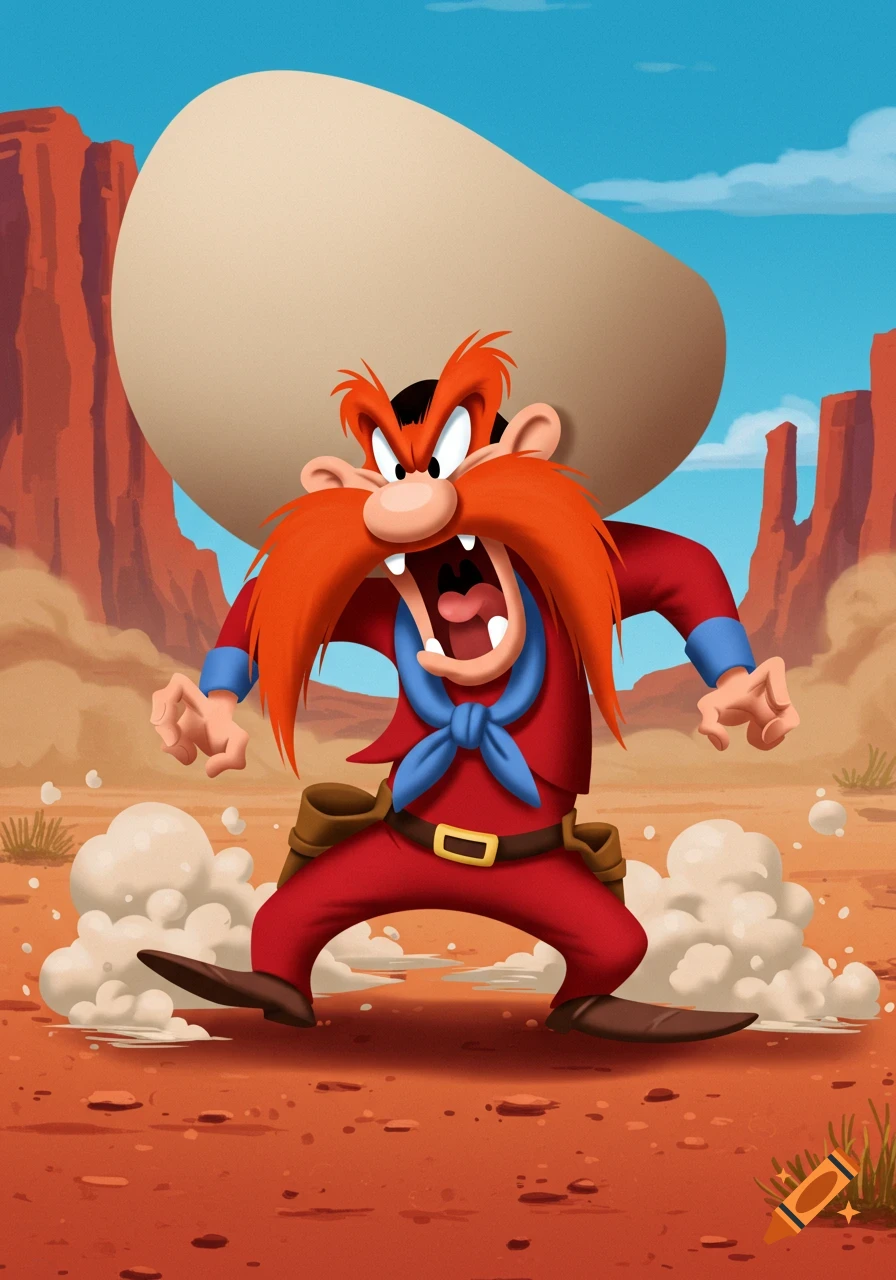 Angry cartoon Yosemite Sam with a huge sombrero yells and stomps in a dusty desert with red rock formations.