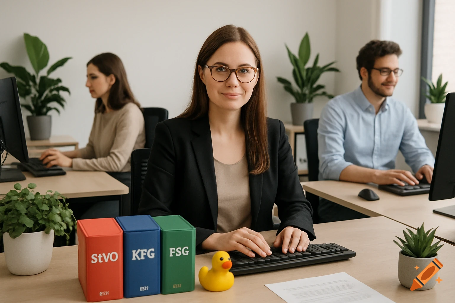 A woman in glasses works at a desk in a bright office, smiling at the camera. Books, plants, and a rubber duck are on her desk.
