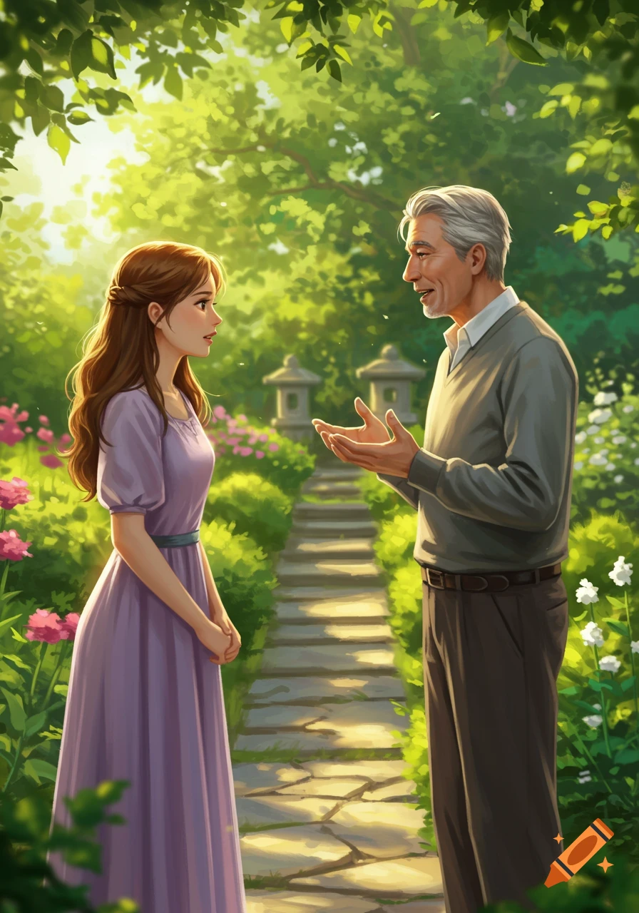 Illustration of an older man and a young woman talking on a sunlit garden path.