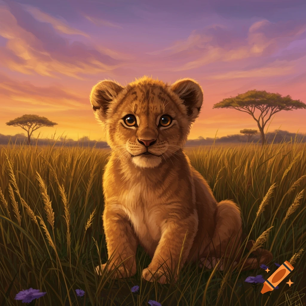 Illustrated baby lion cub sitting in tall savanna grass against a beautiful purple and orange sunset sky.