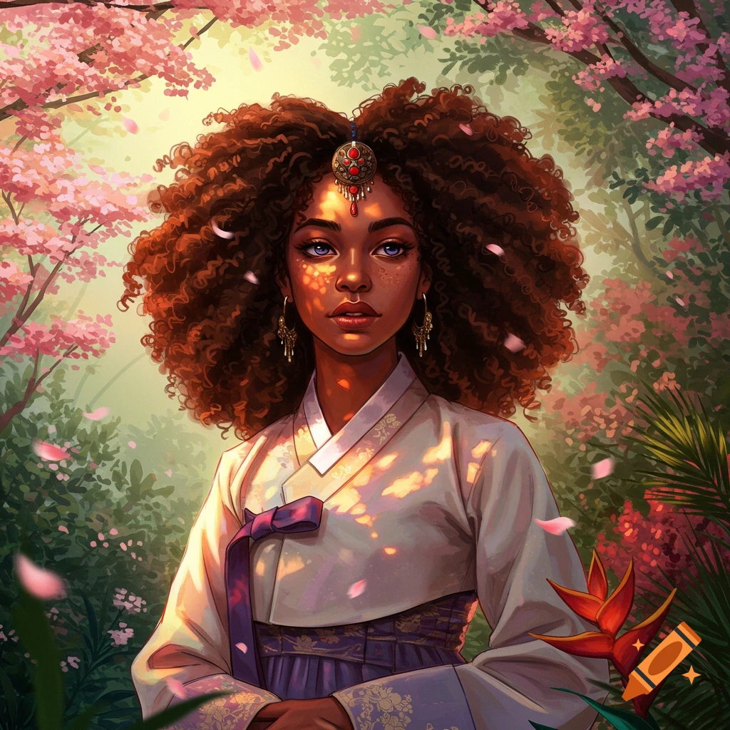 A vibrant fantasy portrait of a young woman with dark skin, voluminous curly brown hair, and blue eyes, wearing traditional Korean attire, surrounded by pink cherry blossoms.