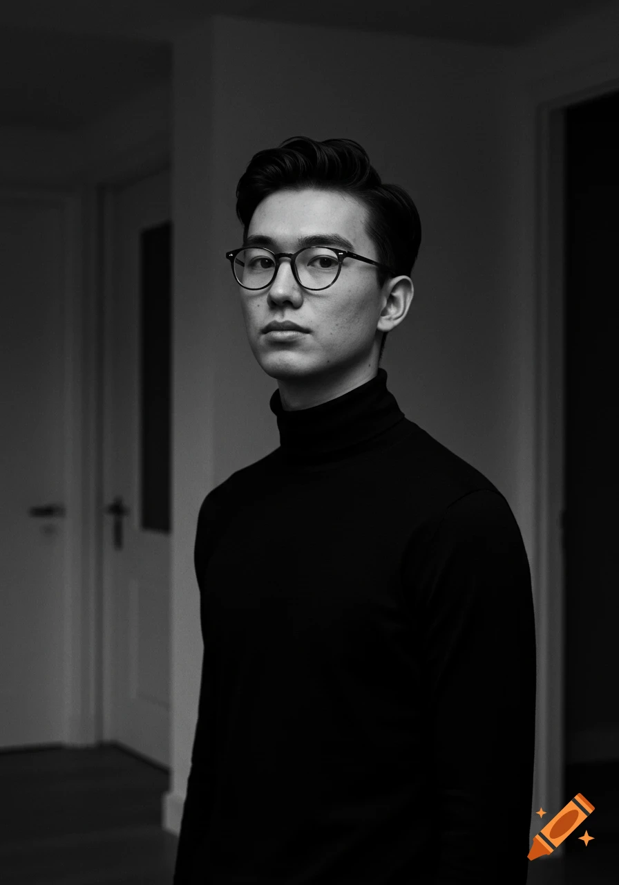 Black and white portrait of a young man with dark hair, glasses, and a black turtleneck, looking seriously at the camera.