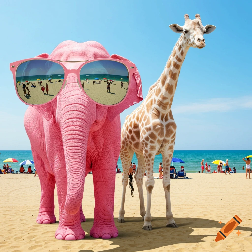 A vibrant pink elephant wearing stylish sunglasses stands on a sunny beach next to a tall white giraffe, with people and umbrellas in the background.