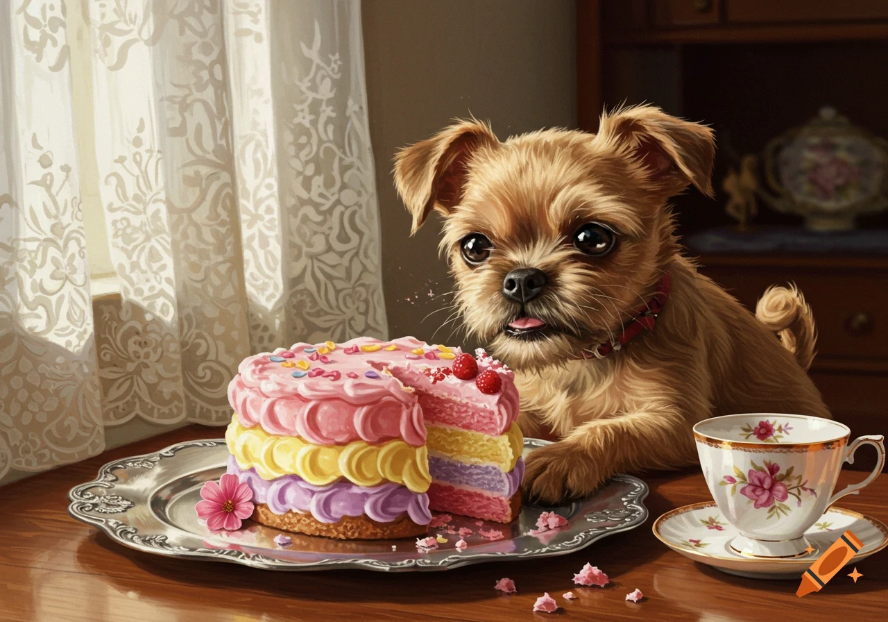 A cute Griffon Petit puppy eyes a colorful tiered cake next to a teacup on a wooden table.