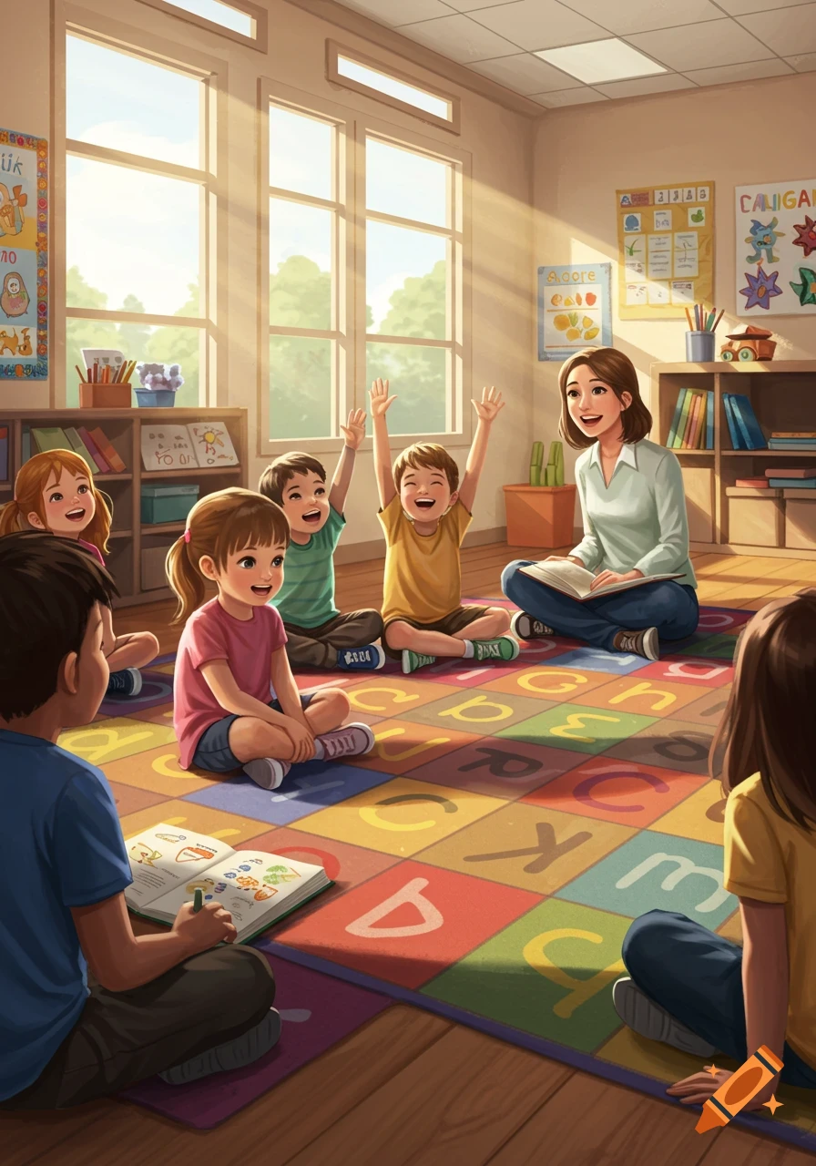 A teacher reads to a diverse group of happy kindergarten children sitting on an alphabet rug in a sunlit classroom, some with hands raised in an illustrative style.