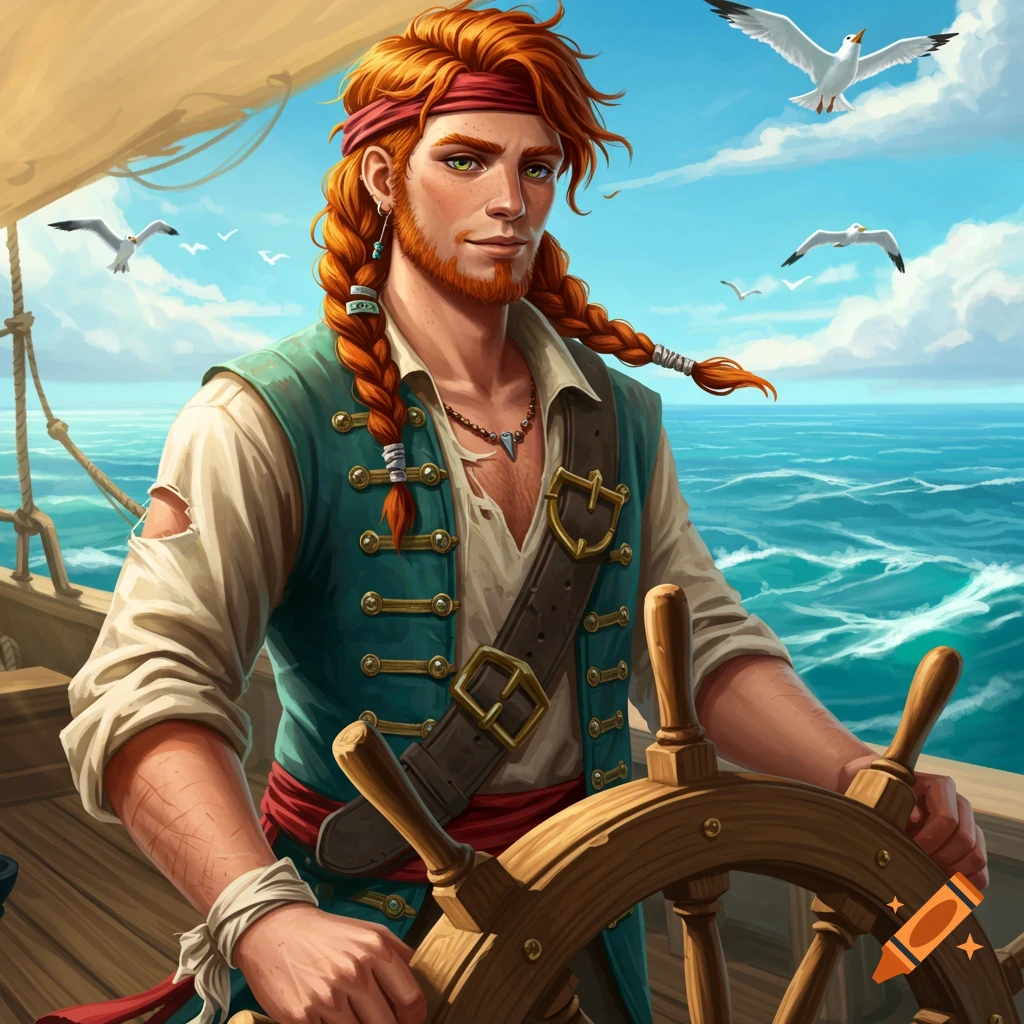 A ginger pirate man with braids steers a ship's wheel at sea under a blue sky with seagulls in a fantasy art style.