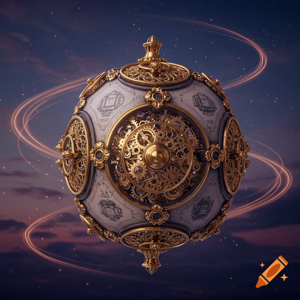 An ornate golden and white spherical time capsule with intricate gears and clockwork mechanisms, floating in a starry, purple-blue sky.