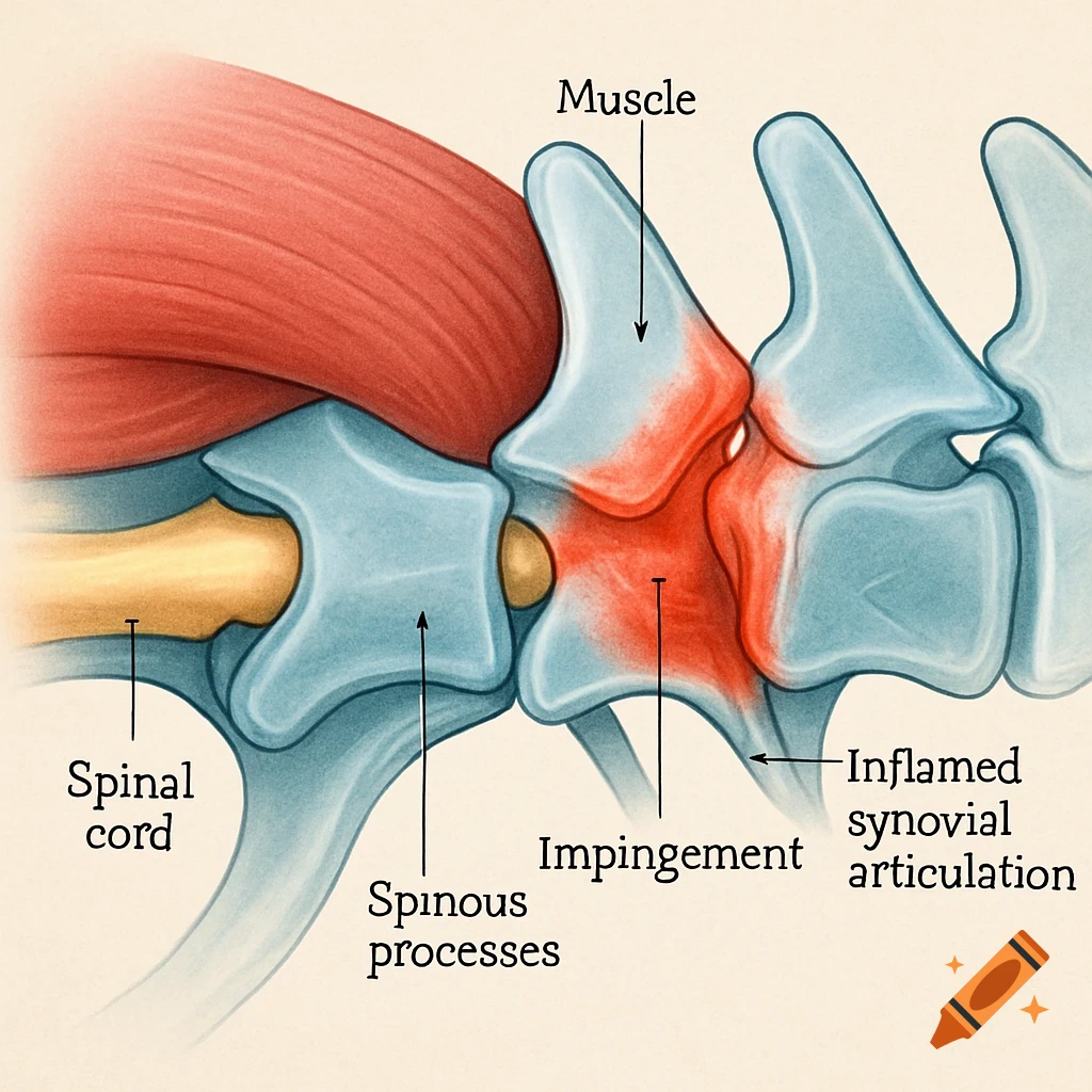 Detailed medical illustration of the spine showing 'Kissing Spine Disease' with labels for muscle, spinal cord, and inflamed articulation.
