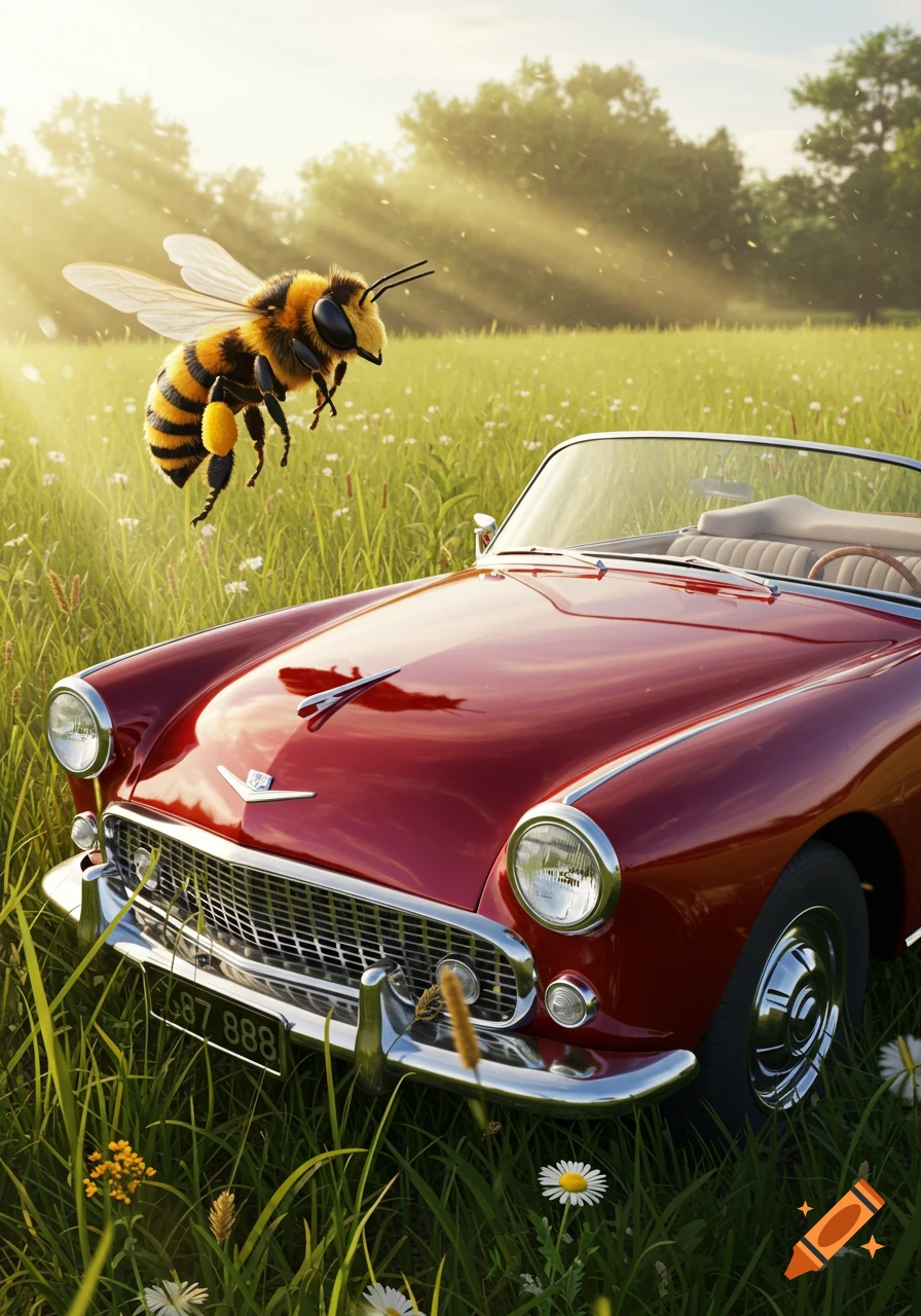 A giant bee hovers over a red vintage convertible car parked in a sunny, grassy meadow with wildflowers. Photorealistic style.
