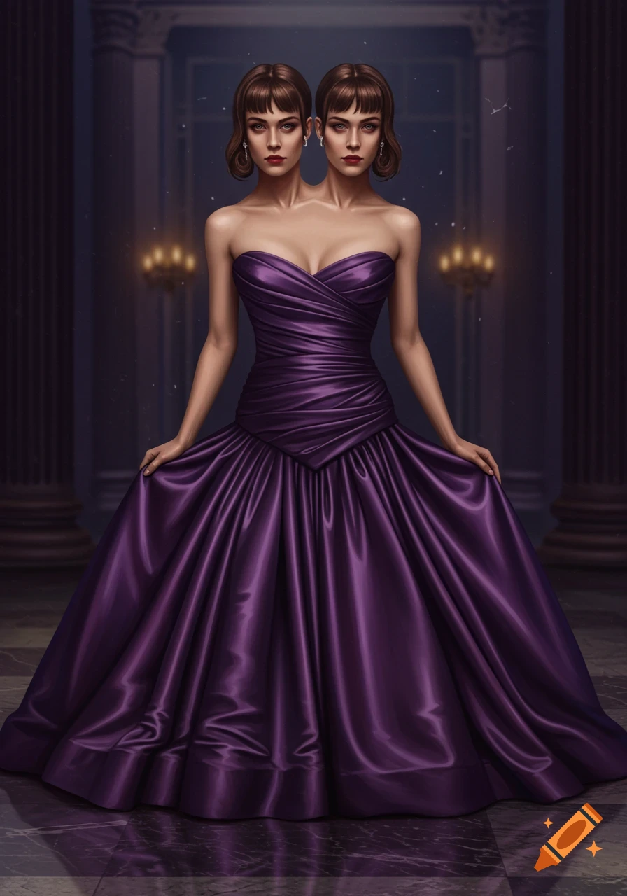 A woman with two identical heads and brown bangs wears a dramatic purple satin ball gown in a dimly lit, elegant hall.