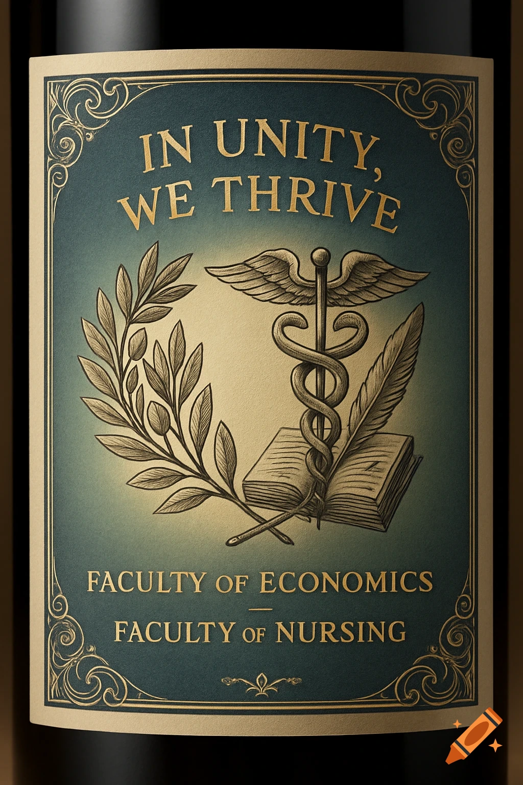 Vintage academic label with 'In Unity, We Thrive' and names of economics and nursing faculties, featuring a caduceus, book, and olive branch.