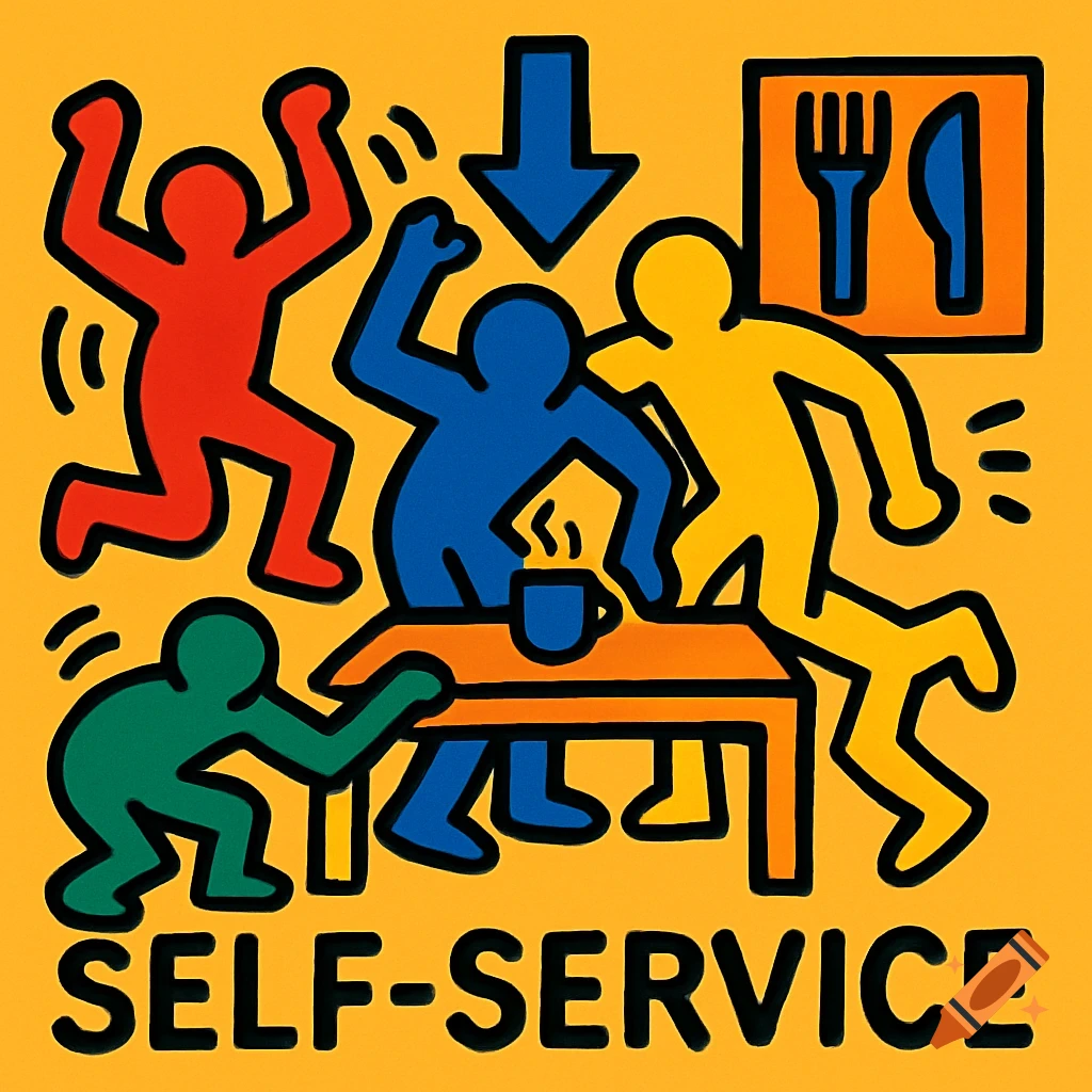 Keith Haring style sign with red, blue, green, and yellow stick figures, a blue arrow, and 'SELF-SERVICE' text on a yellow background.