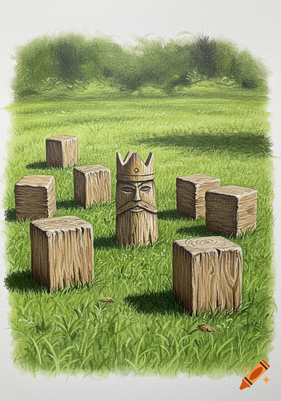 A pencil sketch of a wooden Kubb game king piece with a crown and beard, surrounded by wooden blocks on green grass.