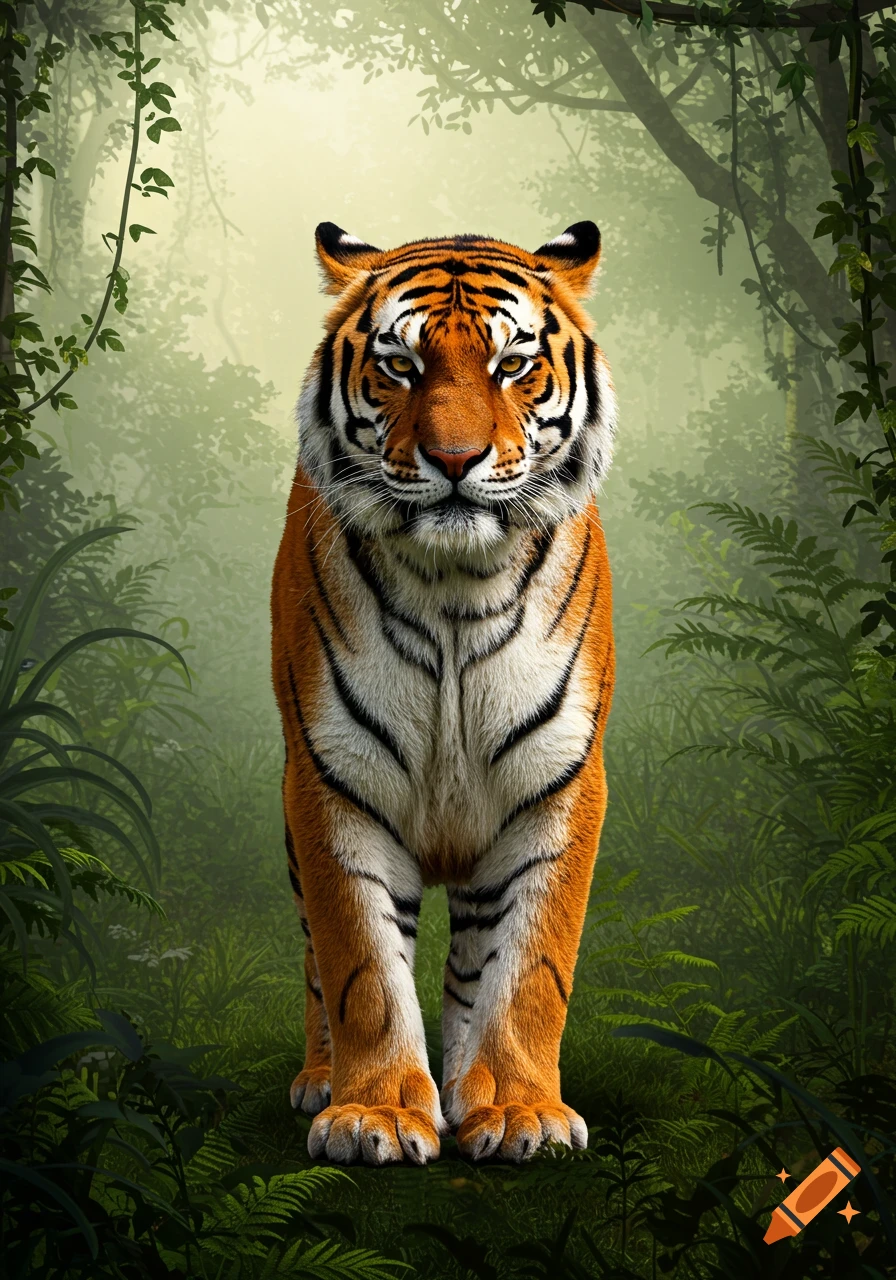 A majestic tiger with orange and black stripes stands facing forward in a lush, misty green jungle.