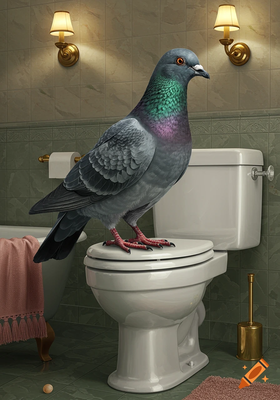 A photorealistic pigeon perched on a white toilet seat in a tiled bathroom with wall sconces.