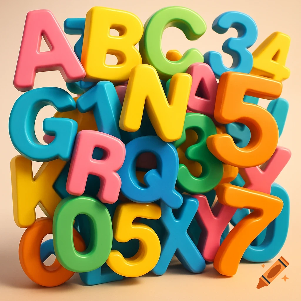 A colorful 3D stack of chunky plastic alphabet letters and numbers in various hues like pink, yellow, green, and blue.