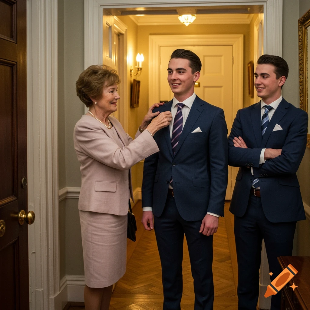 Photorealistic image of an older woman in a pink suit adjusting a young man's tie in a hallway, another young man stands with arms crossed.