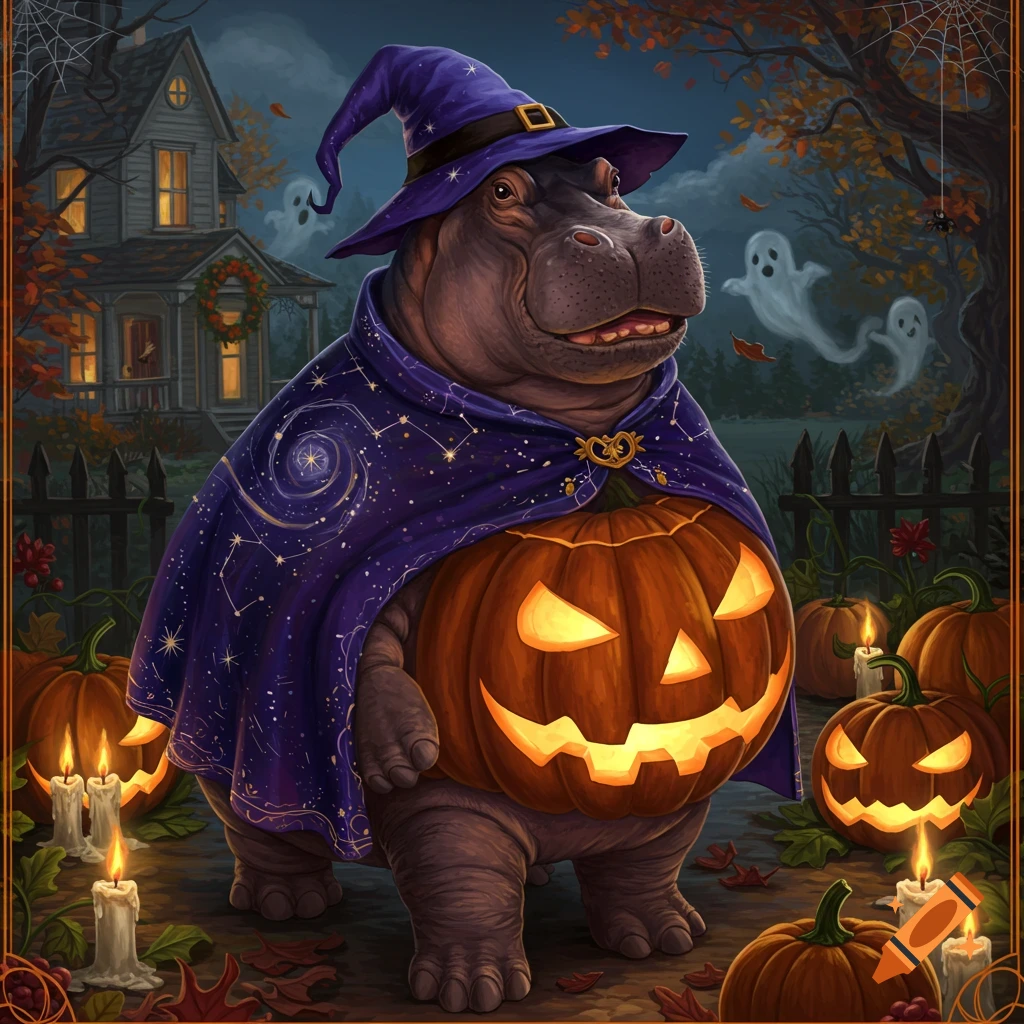 An anthropomorphic hippo dressed as a witch with a jack-o'-lantern belly stands outside a spooky house on Halloween night.