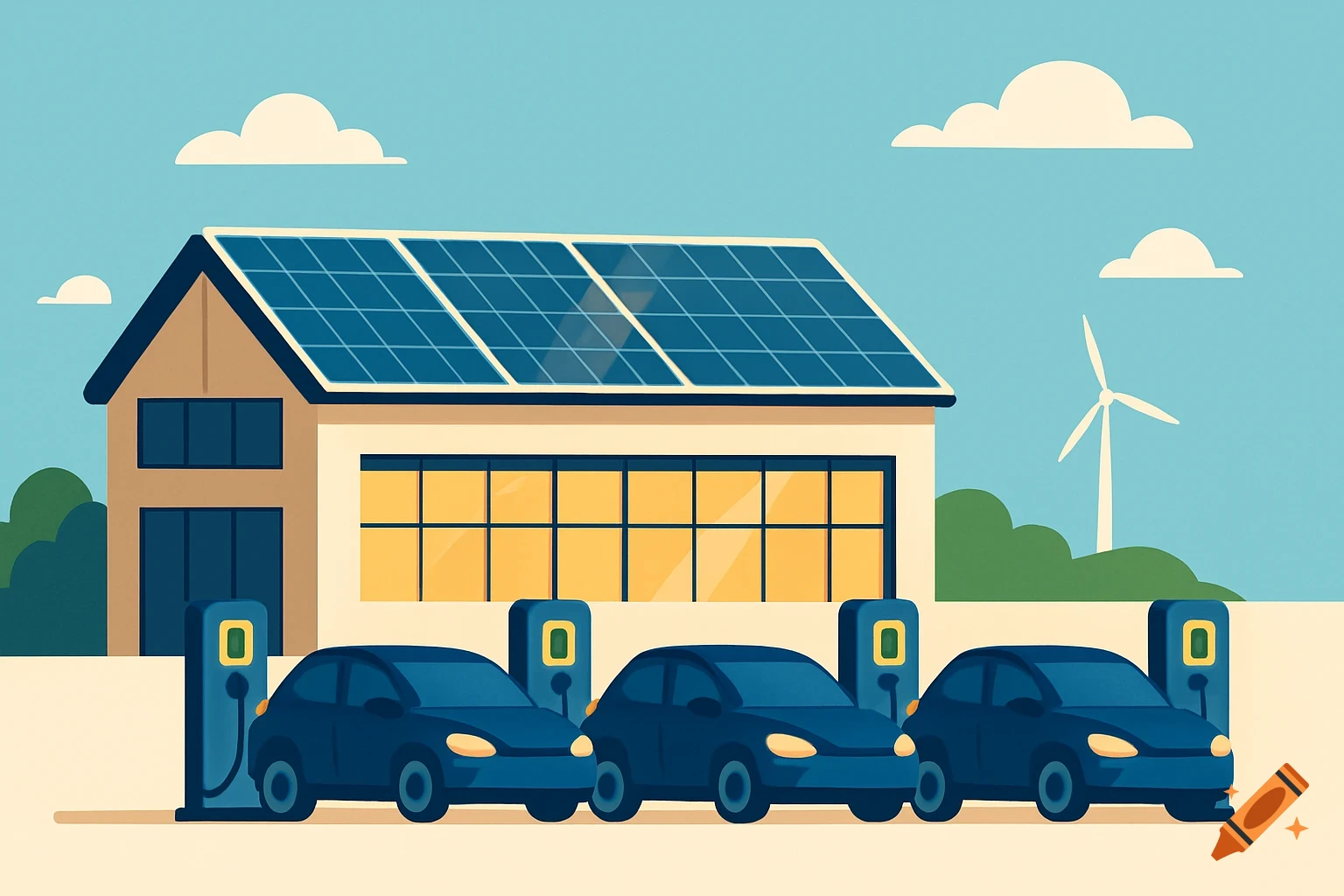 Minimalist flat illustration of a solar-powered house with EVs charging at stations, featuring a wind turbine in the background.