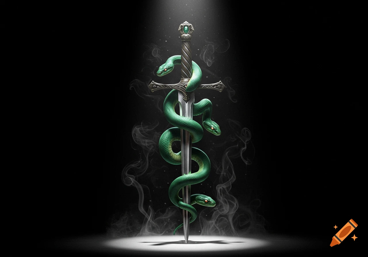 A silver sword wrapped with vibrant green snakes, illuminated by a spotlight on a dark background.