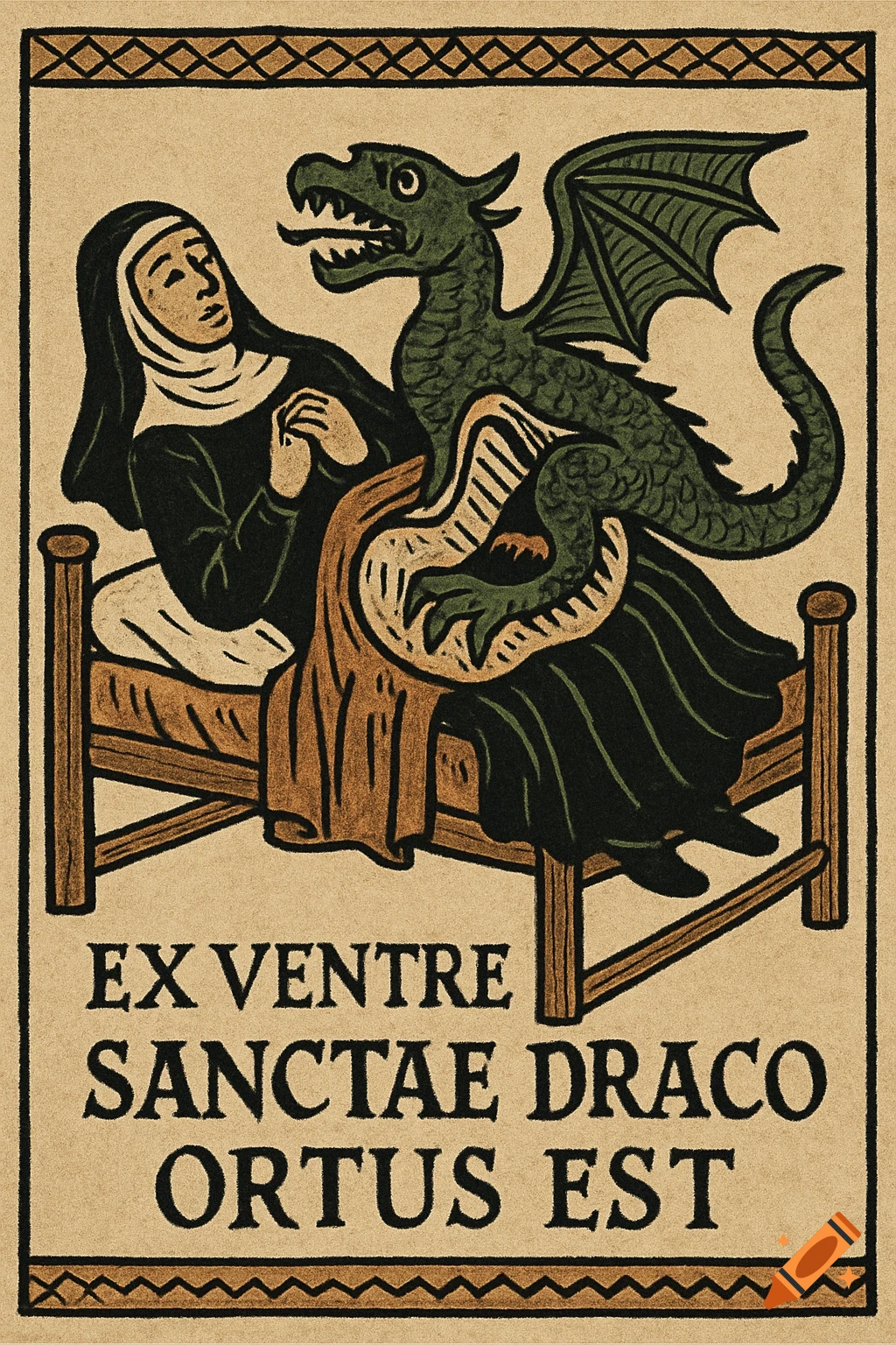 A nun lies in bed, hands clasped, as a green dragon emerges from her skirt, in a medieval woodcut style with Latin text.