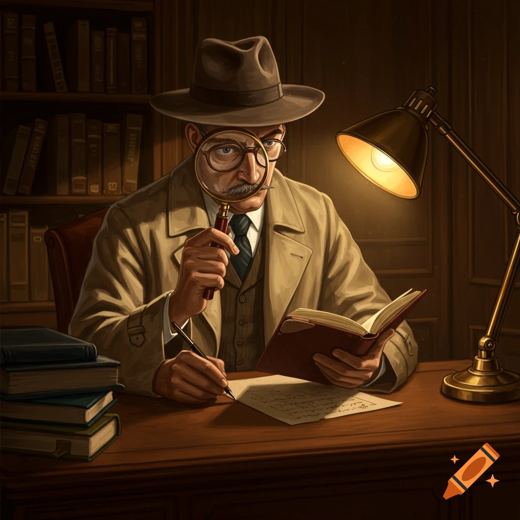 A man in a trench coat and fedora, holding a magnifying glass to his eye, sits at a desk, writing on paper.