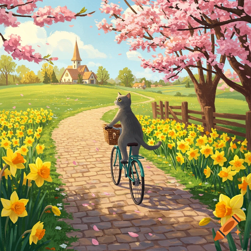 An illustrated grey cat rides a bicycle on a cobblestone path through a sunny spring landscape with daffodils and cherry blossoms.
