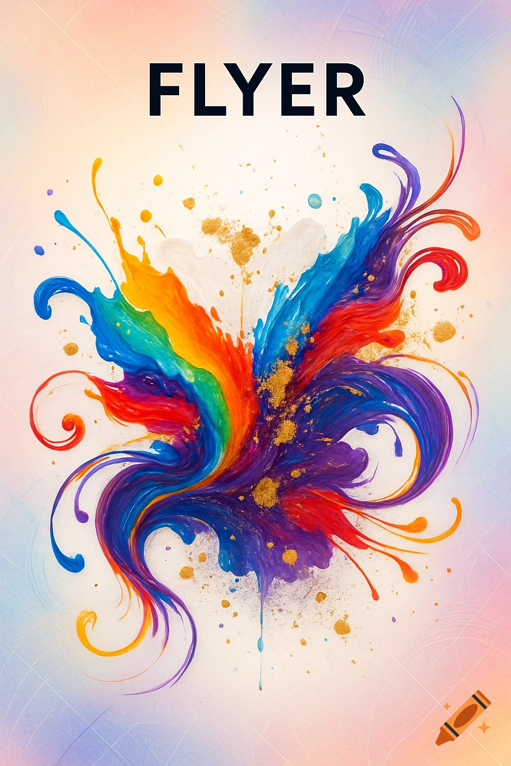 Vibrant paint splash of rainbow colors and gold flecks with the word FLYER at the top.