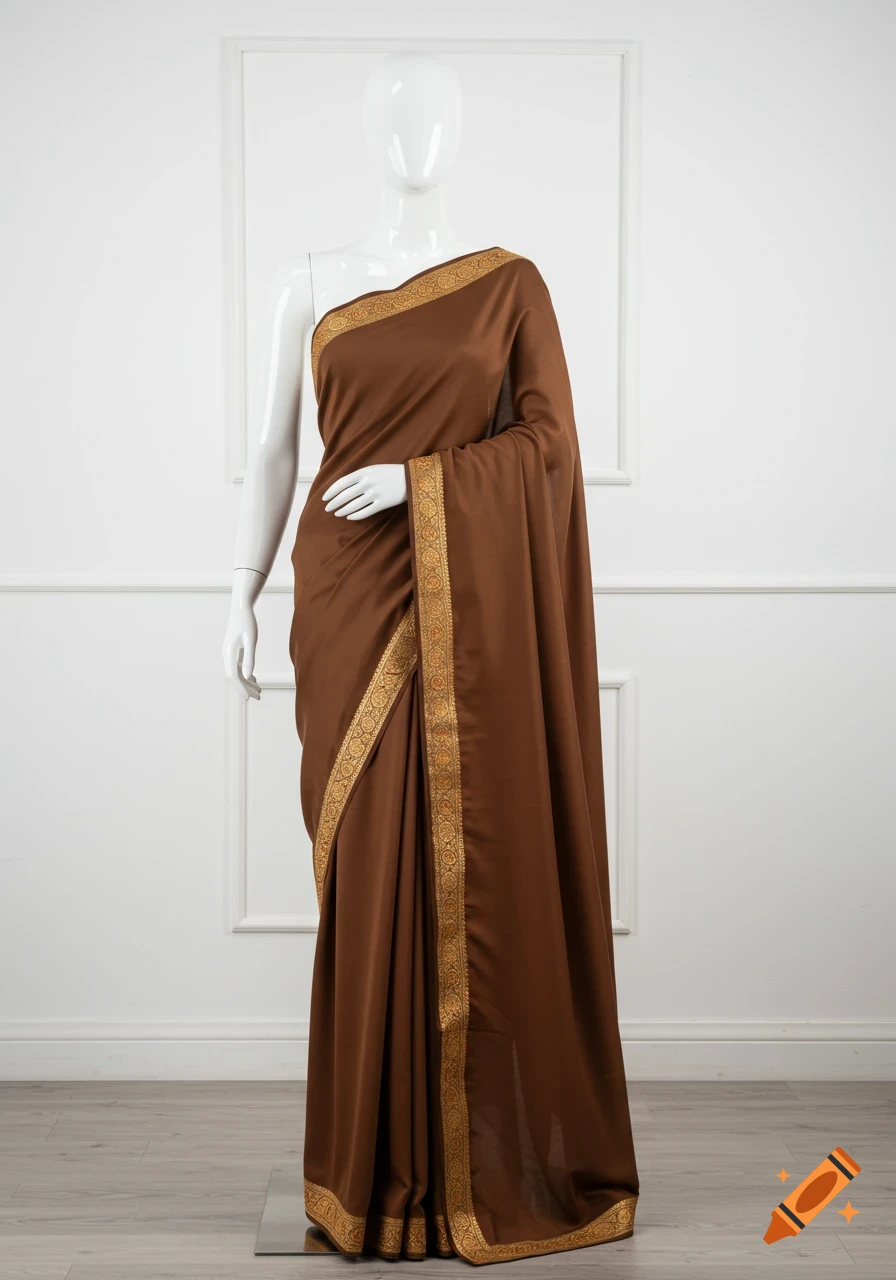 A mannequin displays a chocolate milk-colored saree with an ornate gold border against a white background.