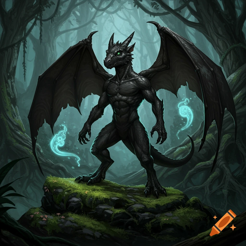 A black winged draconic creature with green eyes stands on a mossy rock in a dark, misty fantasy forest with glowing blue wisps.