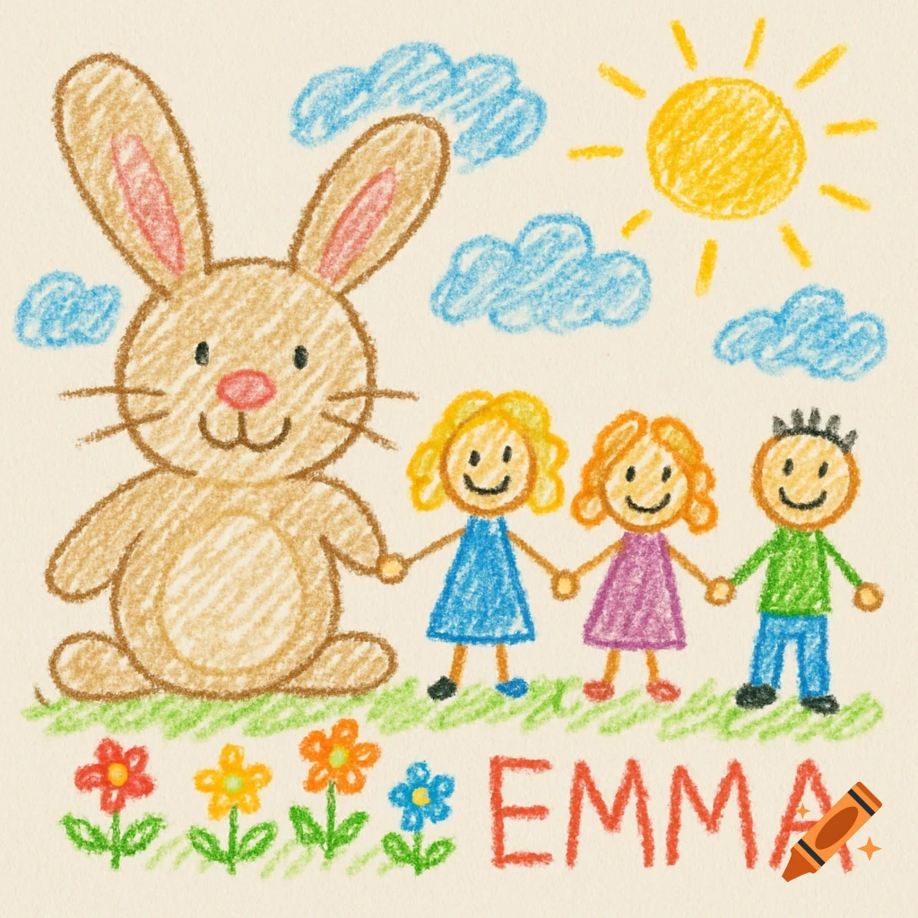 Crayon drawing of a happy bunny, three stick figures, sun, clouds, flowers, and the name 'EMMA'.