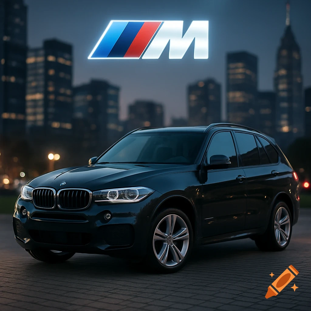 A dark BMW SUV with a glowing BMW M logo above, parked on a paved surface at night with a city skyline in the background.