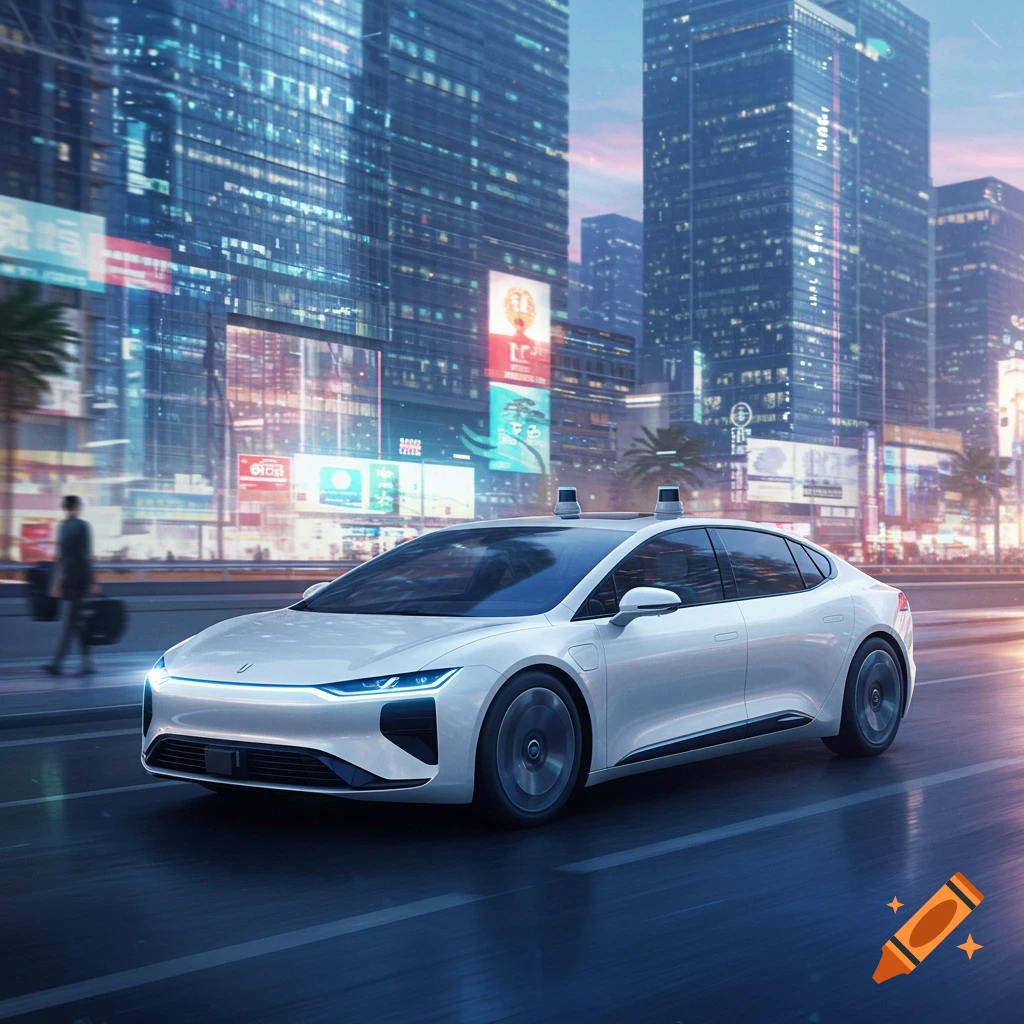 A white autonomous car drives down a city street at night, with illuminated skyscrapers and billboards in the background.