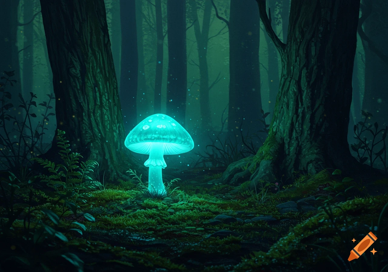 A vibrant, bioluminescent mushroom glows brightly amidst mossy ground and dark trees in a mystical forest.