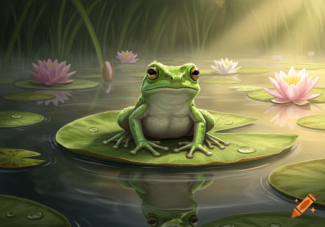 A detailed illustration of a green frog sitting on a lily pad in a pond with pink and white water lilies.